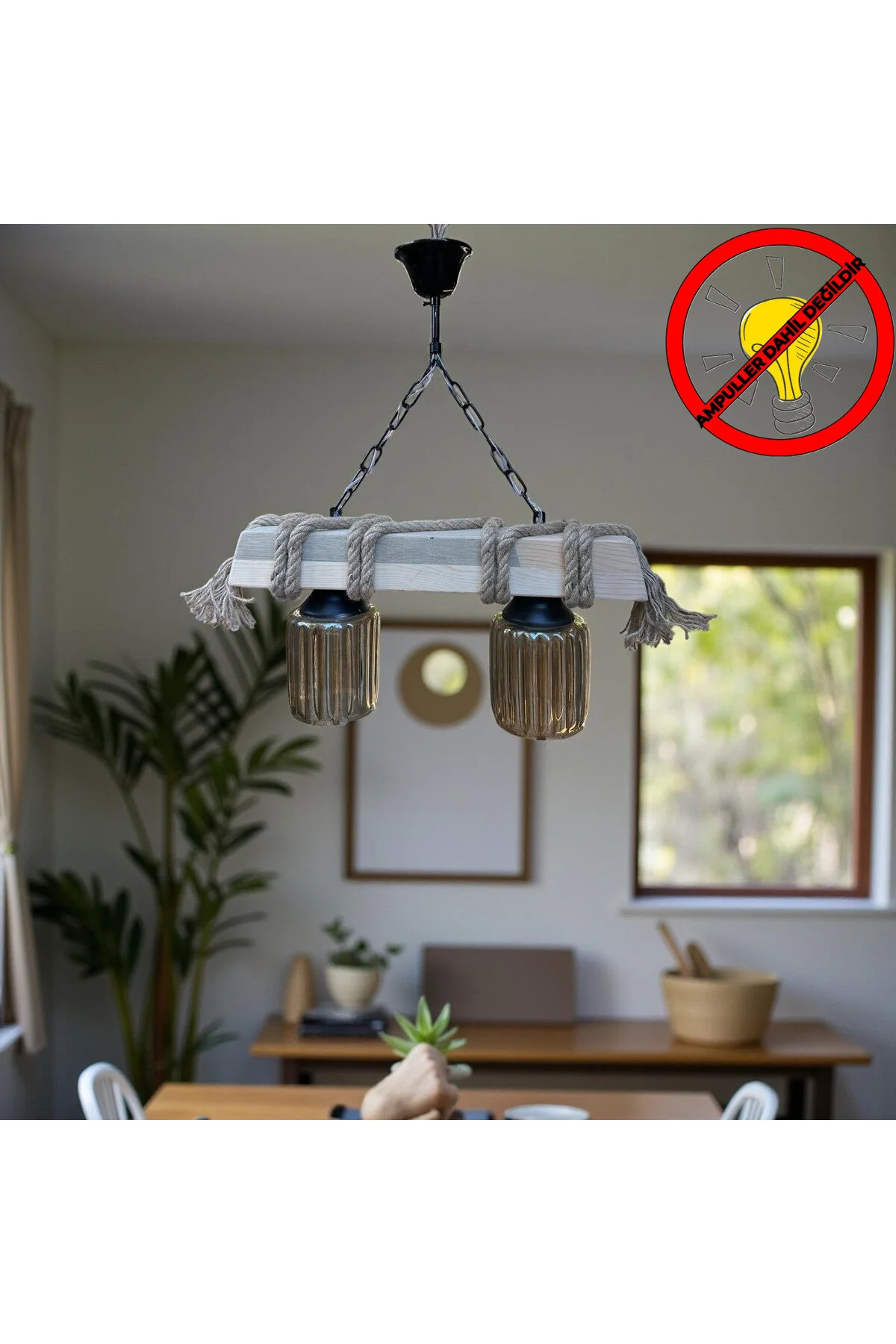 2"li ahşap kalın ip sargılı takoz avize